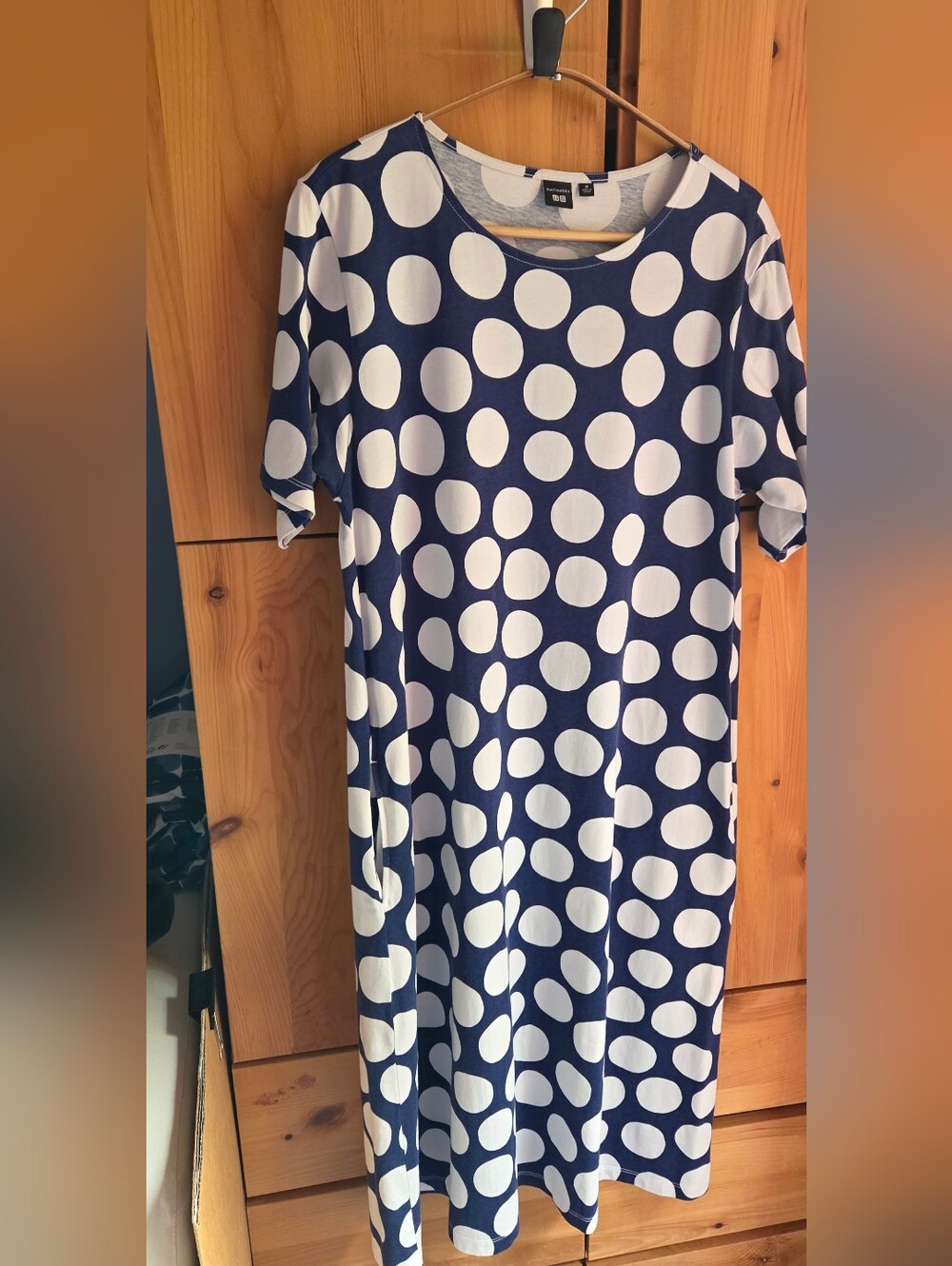 Marimekko X Uniqlo Navy Blue & White Polka Dot Short Sleeve Jersey Midi Dress M